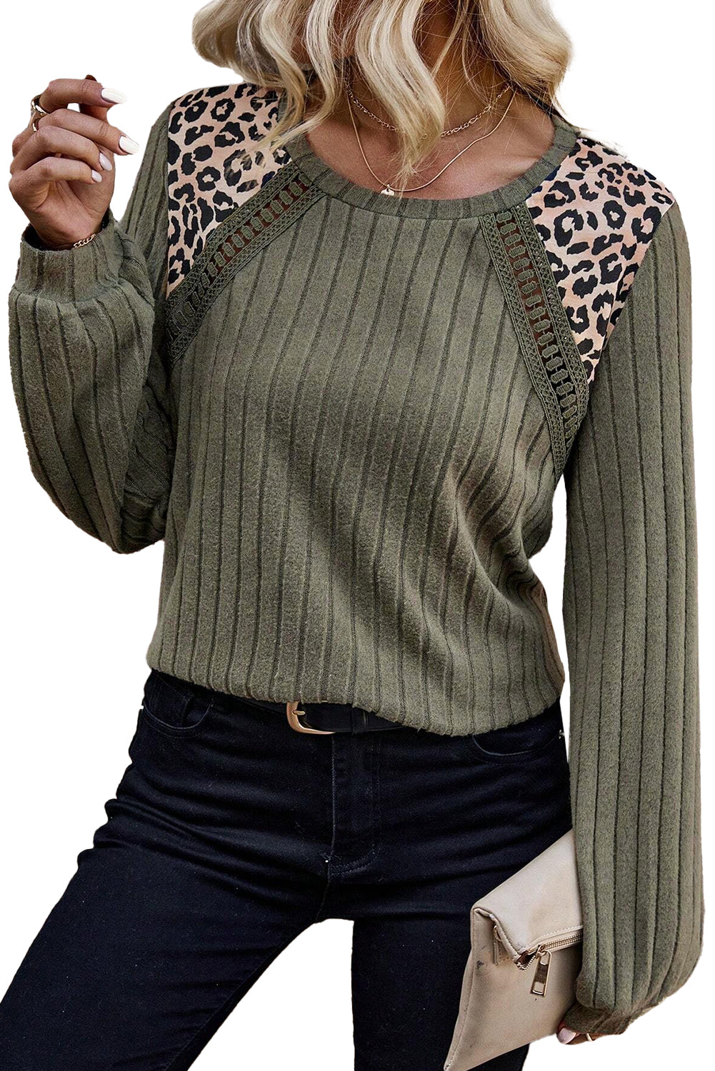Moss Green Leopard Print Patchwork Crochet Rib Textured Sweater