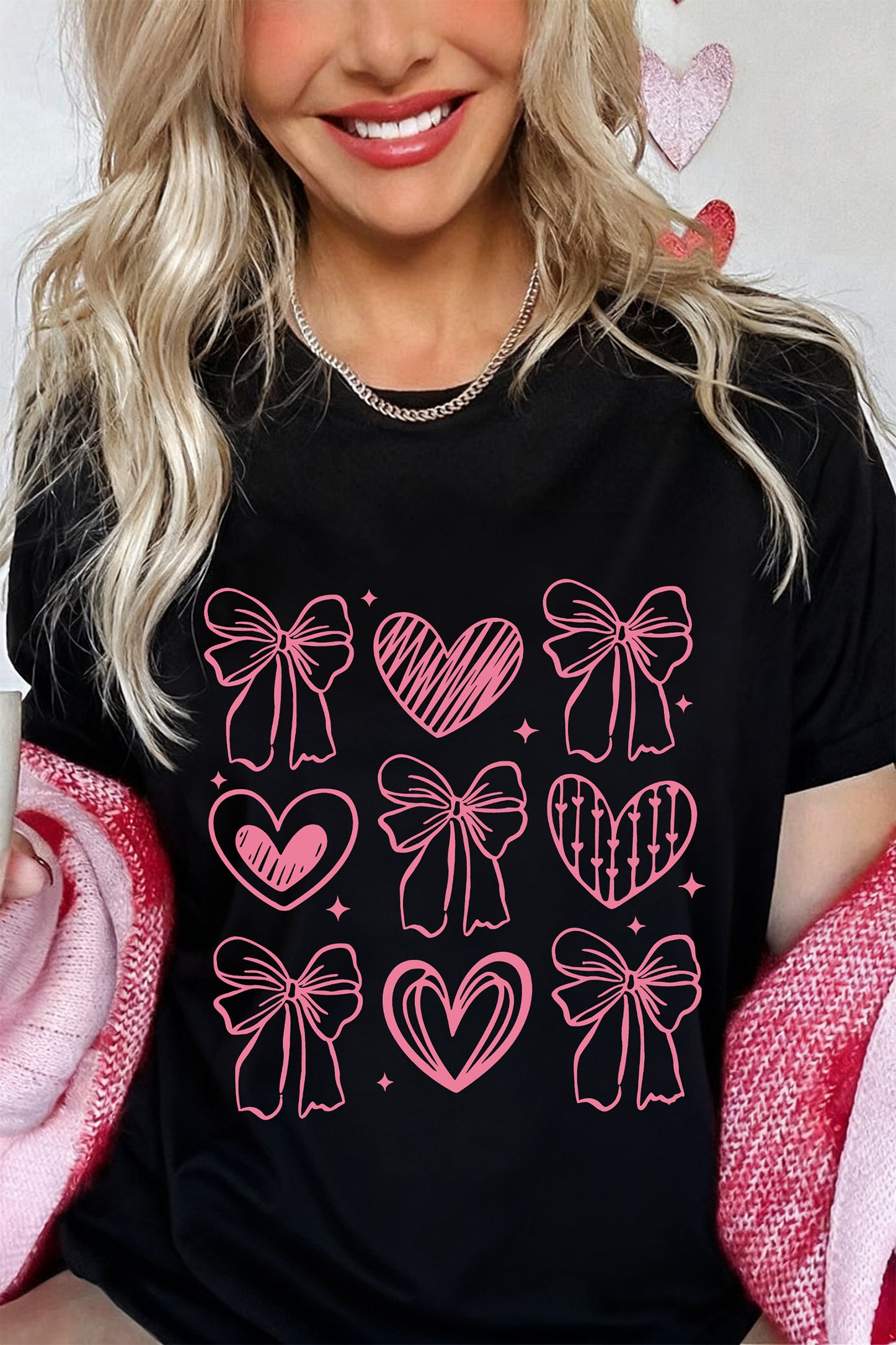 Black Cute Bow Heart Printed Valentines Day T Shirt