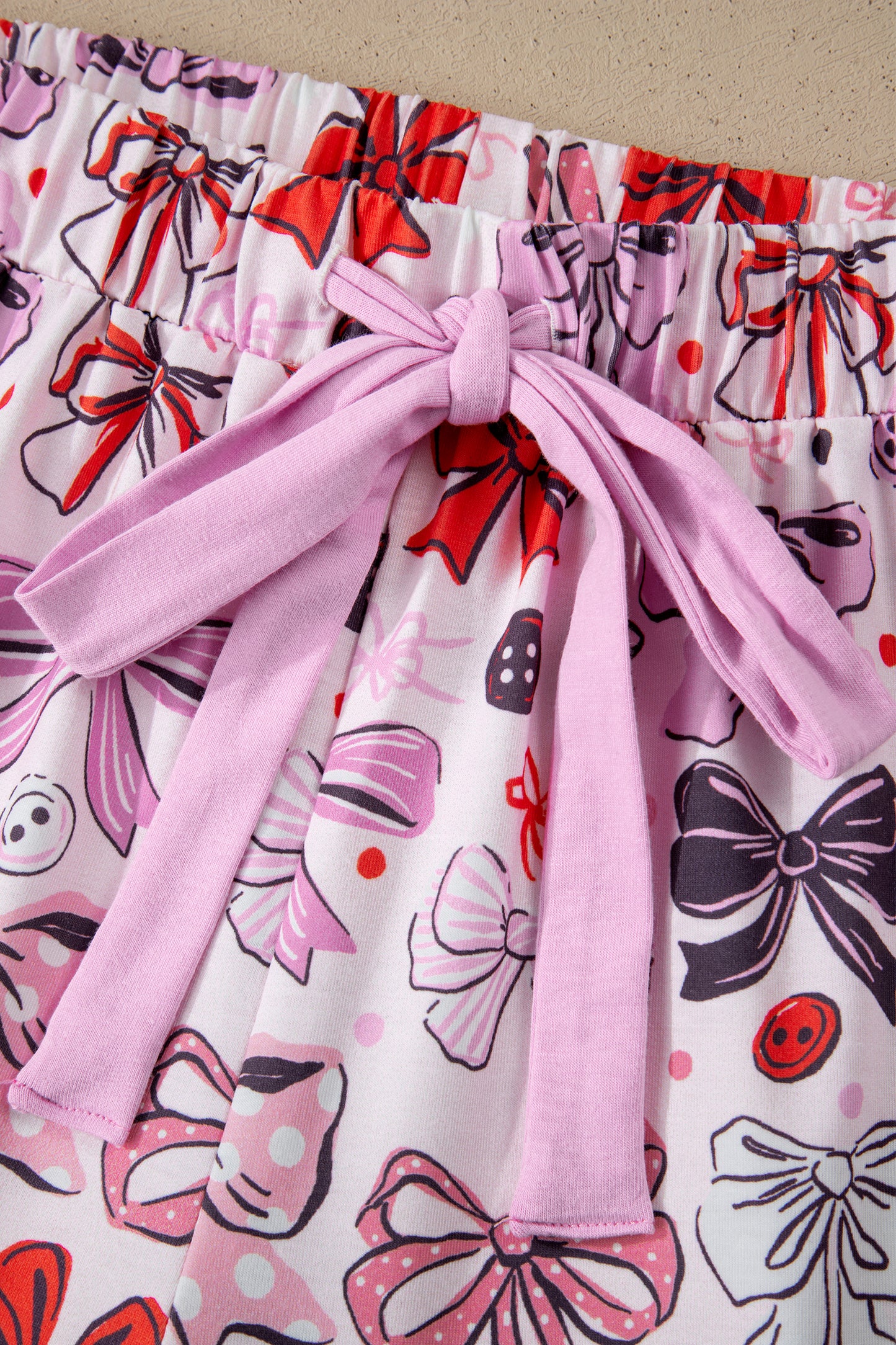 Pink Cute Ribbon Bows Printed Shirt Style 2pcs Short Pajama Set