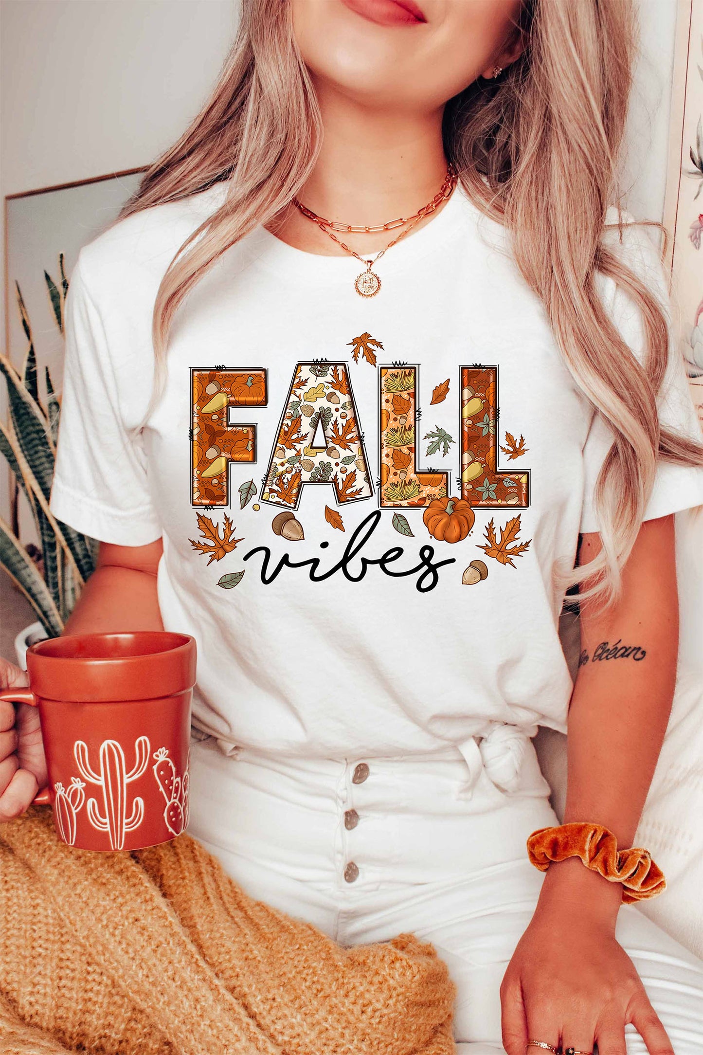 White FALL vibes Stylish Letter Print Round Neck T-Shirt