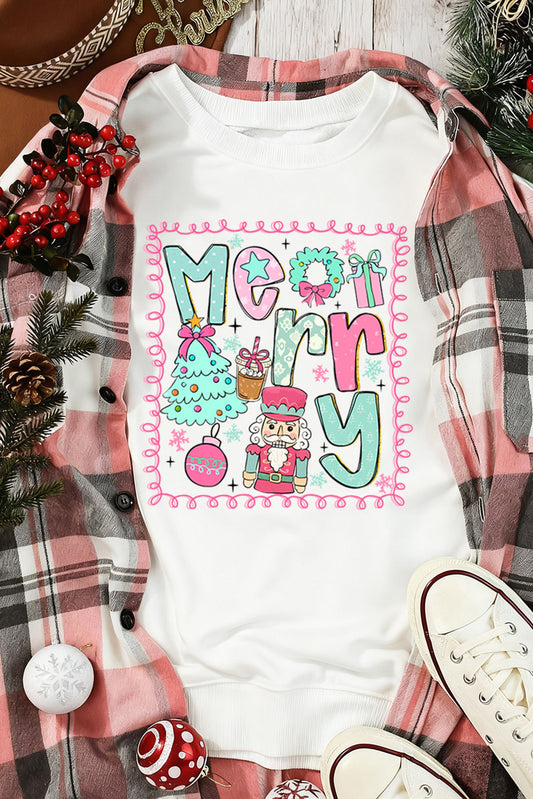 White Merry Christmas Fashion Graphic Heat Transfer Printing Cotton Blend Sweatshirt