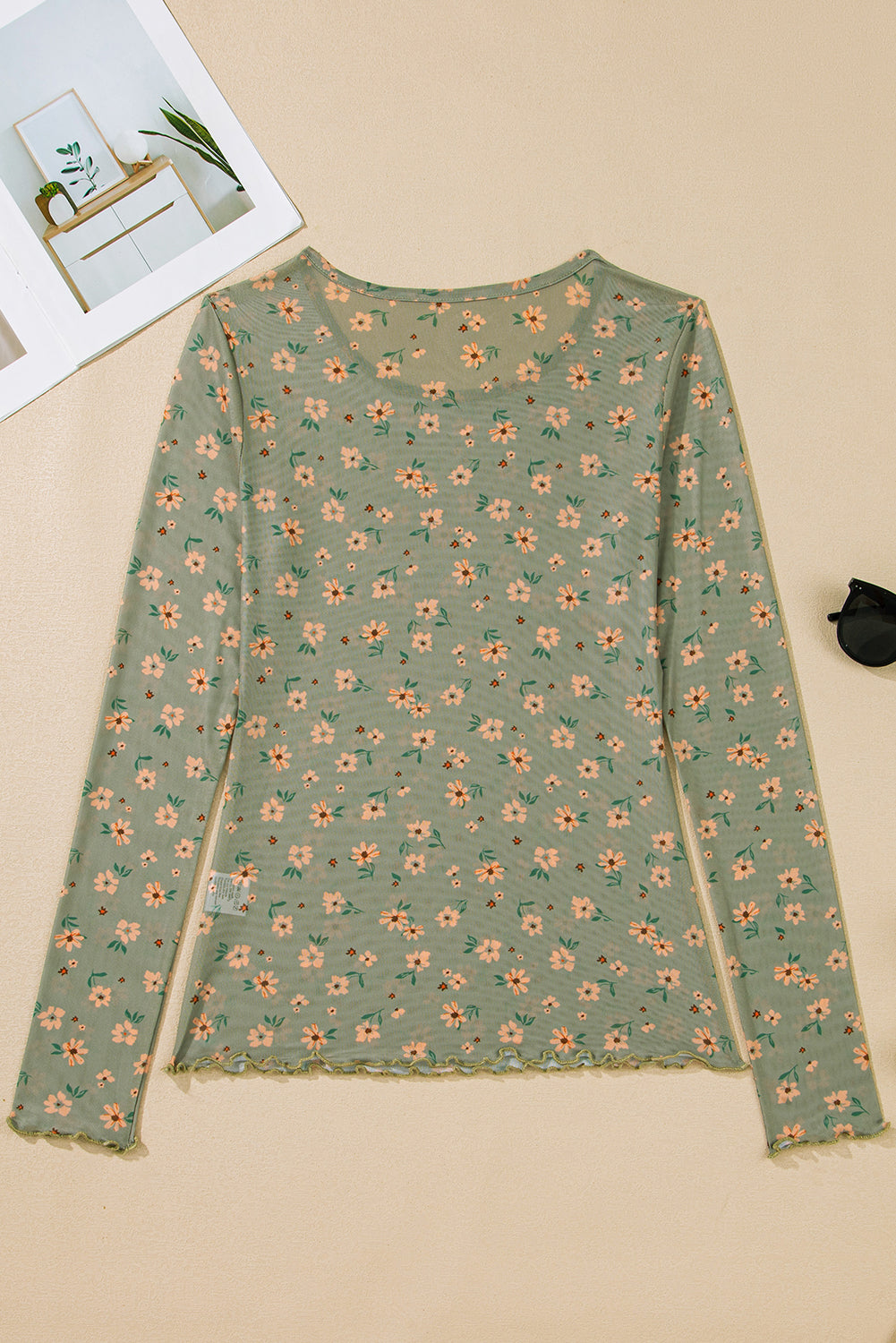 Sky Blue Floral Print Mesh Slim Fit Long Sleeve Top