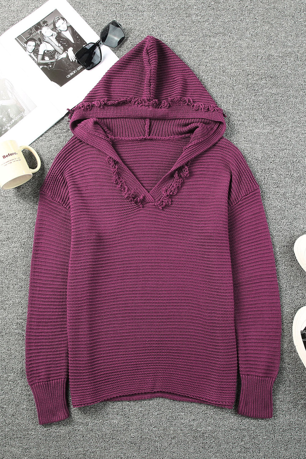 A Purple Split V Neck Pullover Hooded Sweater