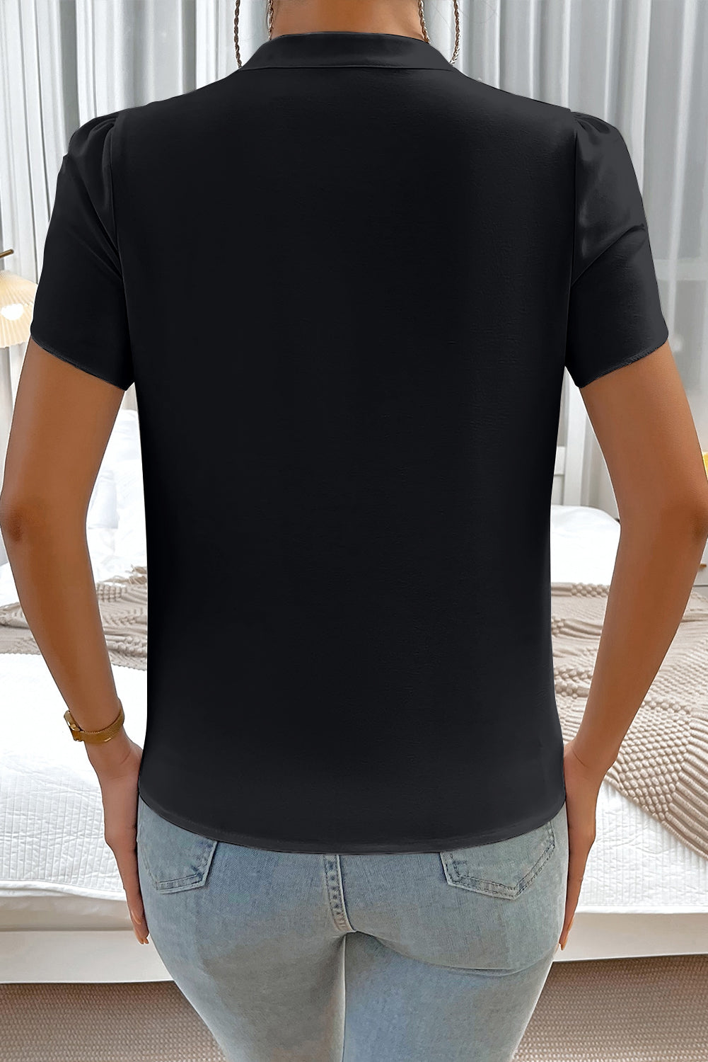 Black Button Notched Neck Petal Sleeve Blouse