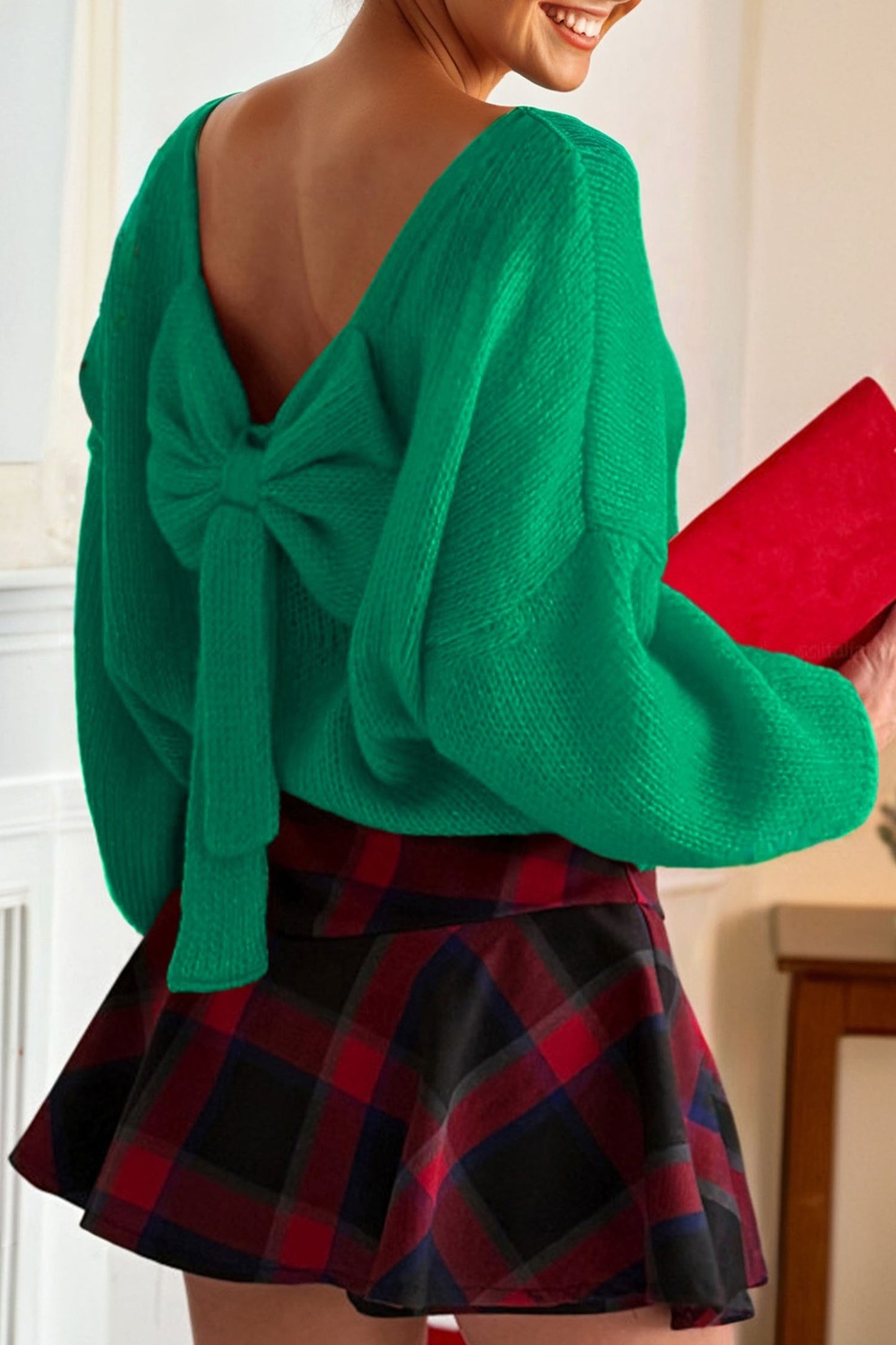 Bonbon Festive Bow Backless Bubble Sleeve Sweater