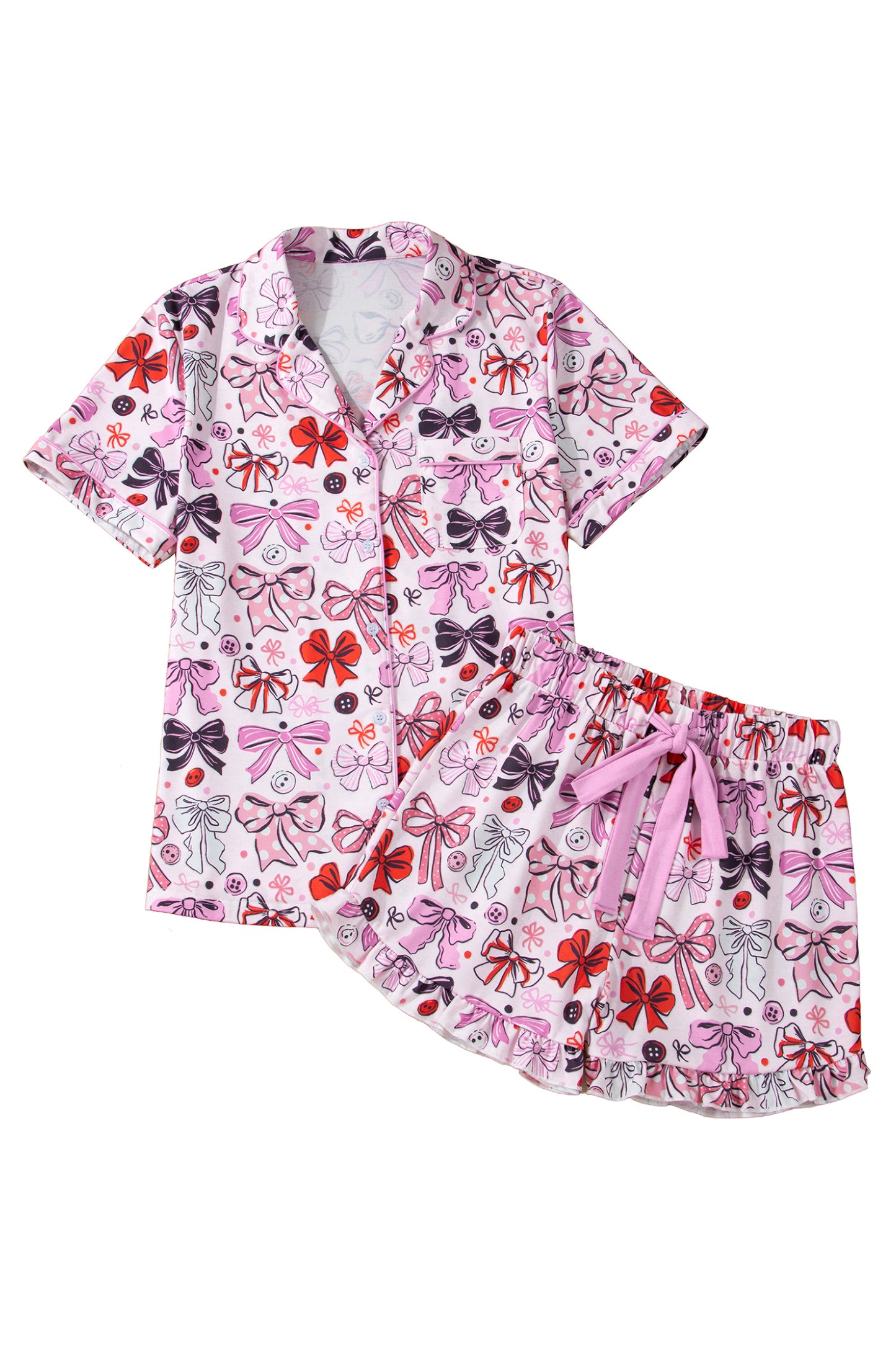 Pink Cute Ribbon Bows Printed Shirt Style 2pcs Short Pajama Set
