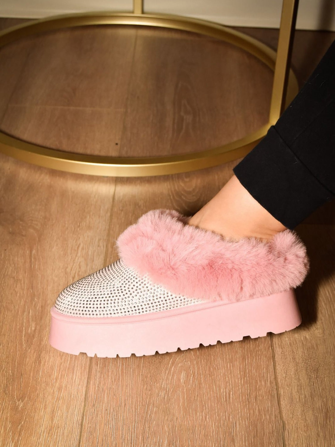 WILD DIVA Embellished Faux Fur Platform Bootie Slippers