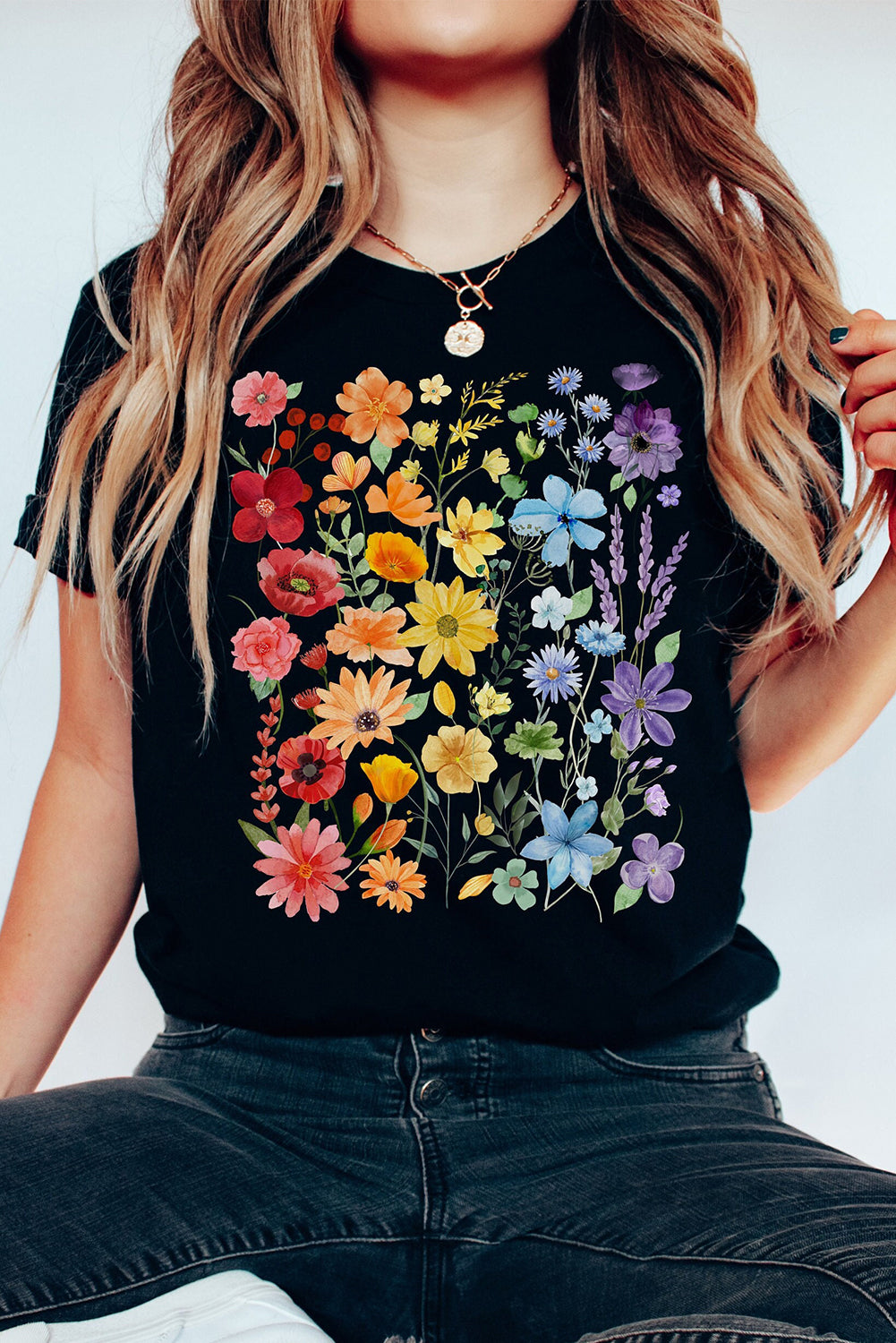 Black Flower Heat Transfer Printing Cotton Blend Casual Tee