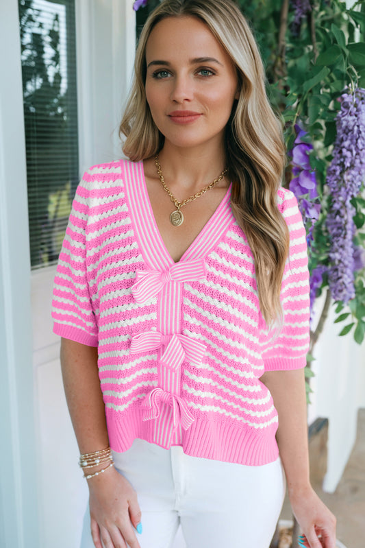 Pink Stripe Short Sleeve Knit V Neck Bow Knot Sweater
