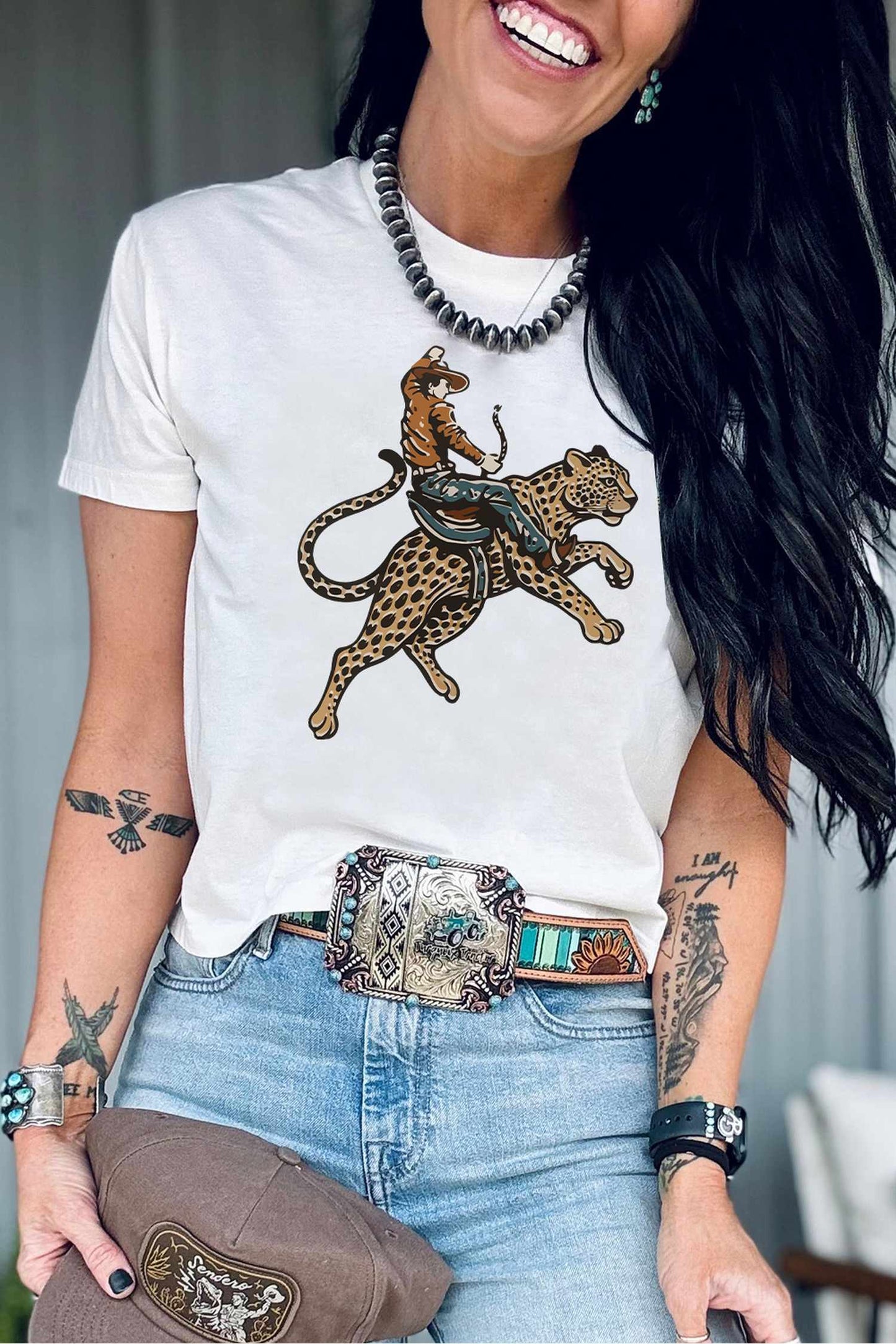 White Riding A Cheetah Cowboy Graphic Round Neck Casual Tee