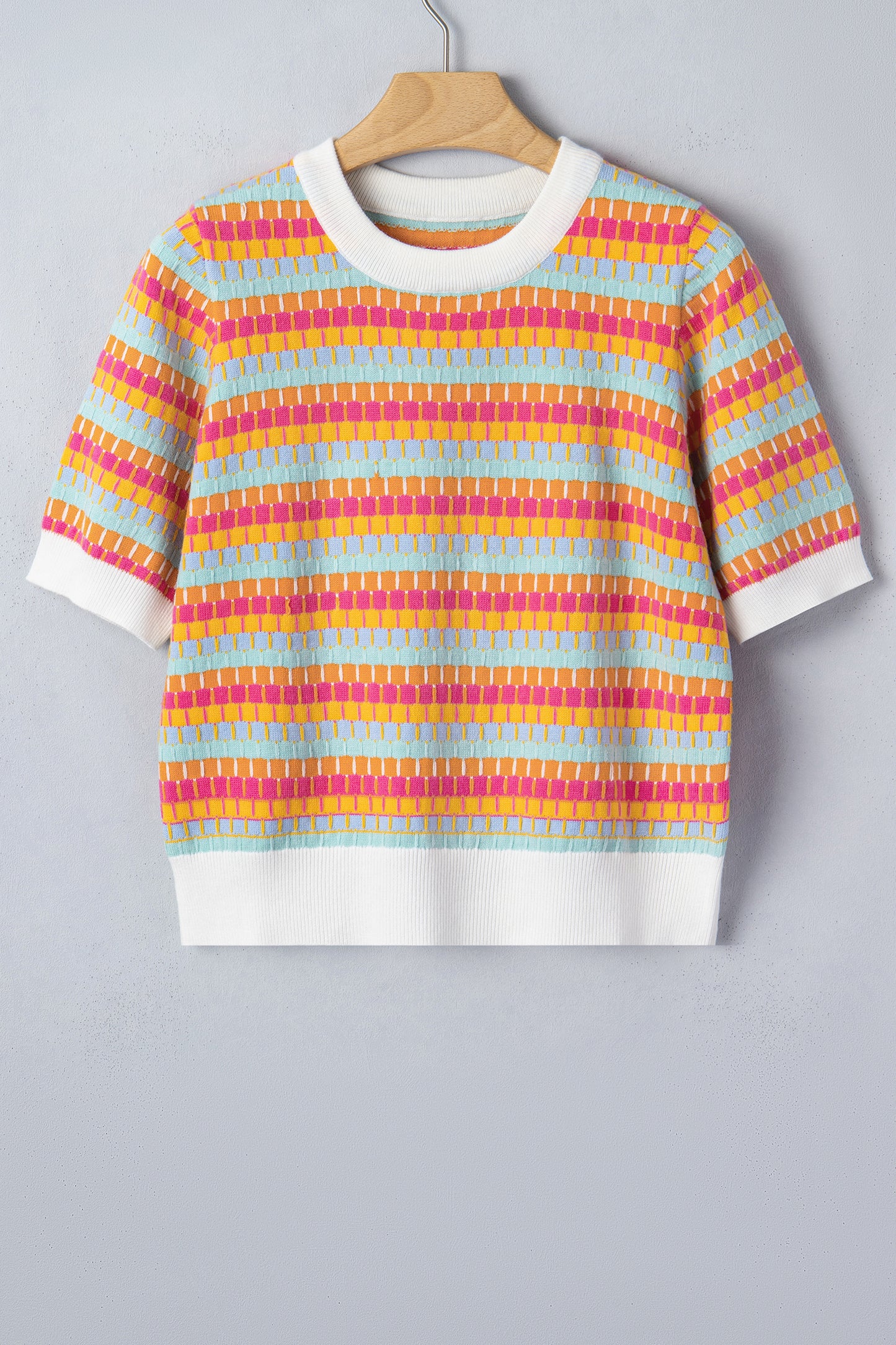 Purple Abstract Striped Knit Short Sleeve Sweater