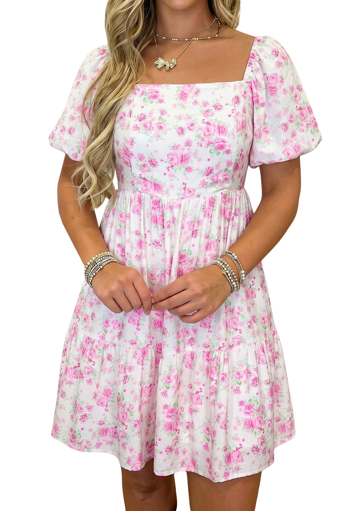 Pink Floral Print Square Neck Ribbon Knot Back Cute Mini Dress