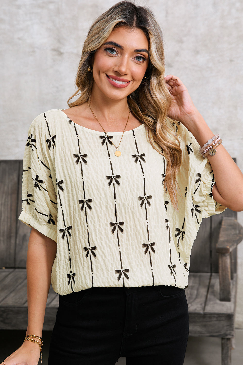 Beige Bow Print Striped Puff Short Sleeve Blouse