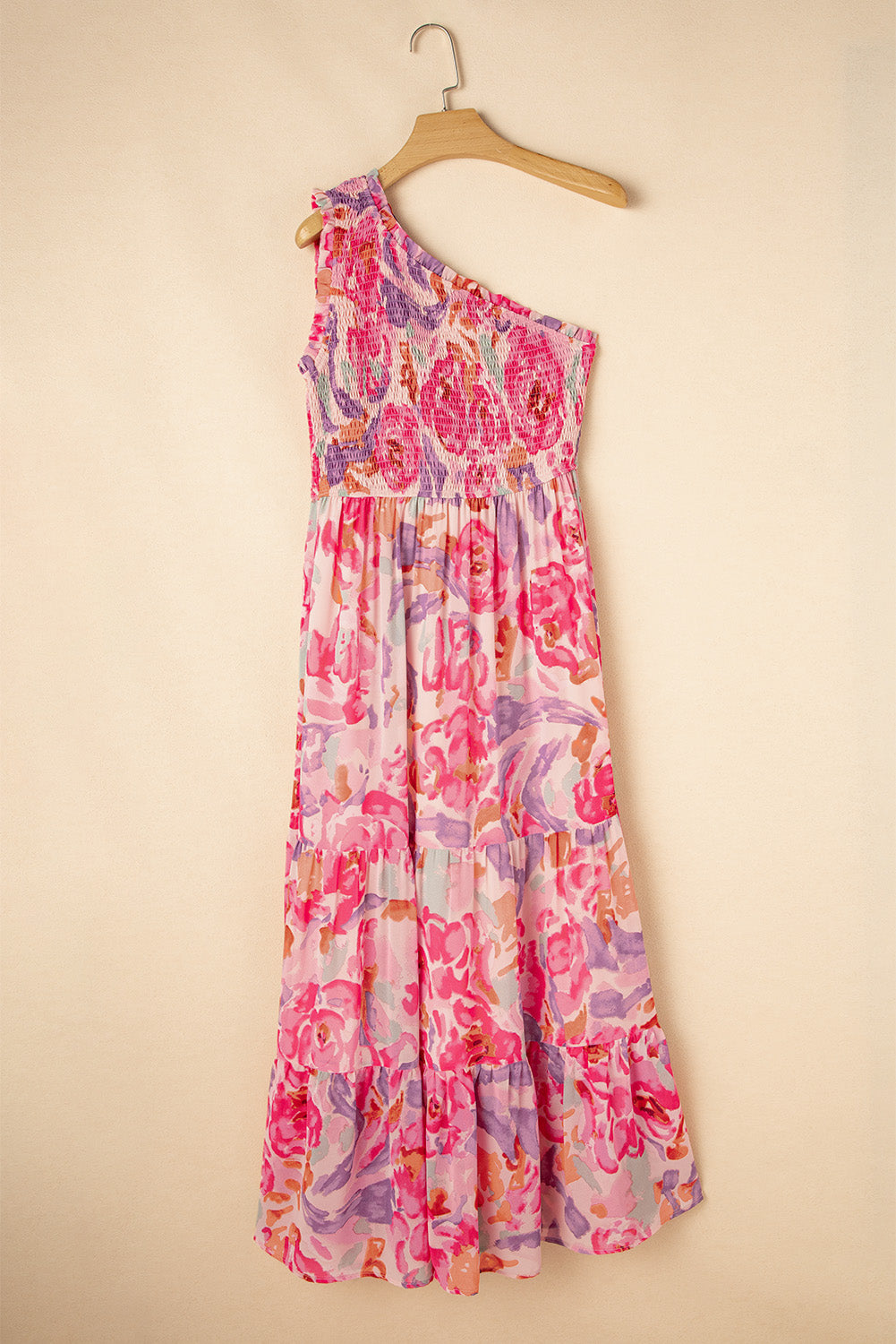 Pink Floral Print Shirred One Shoulder Maxi Dress