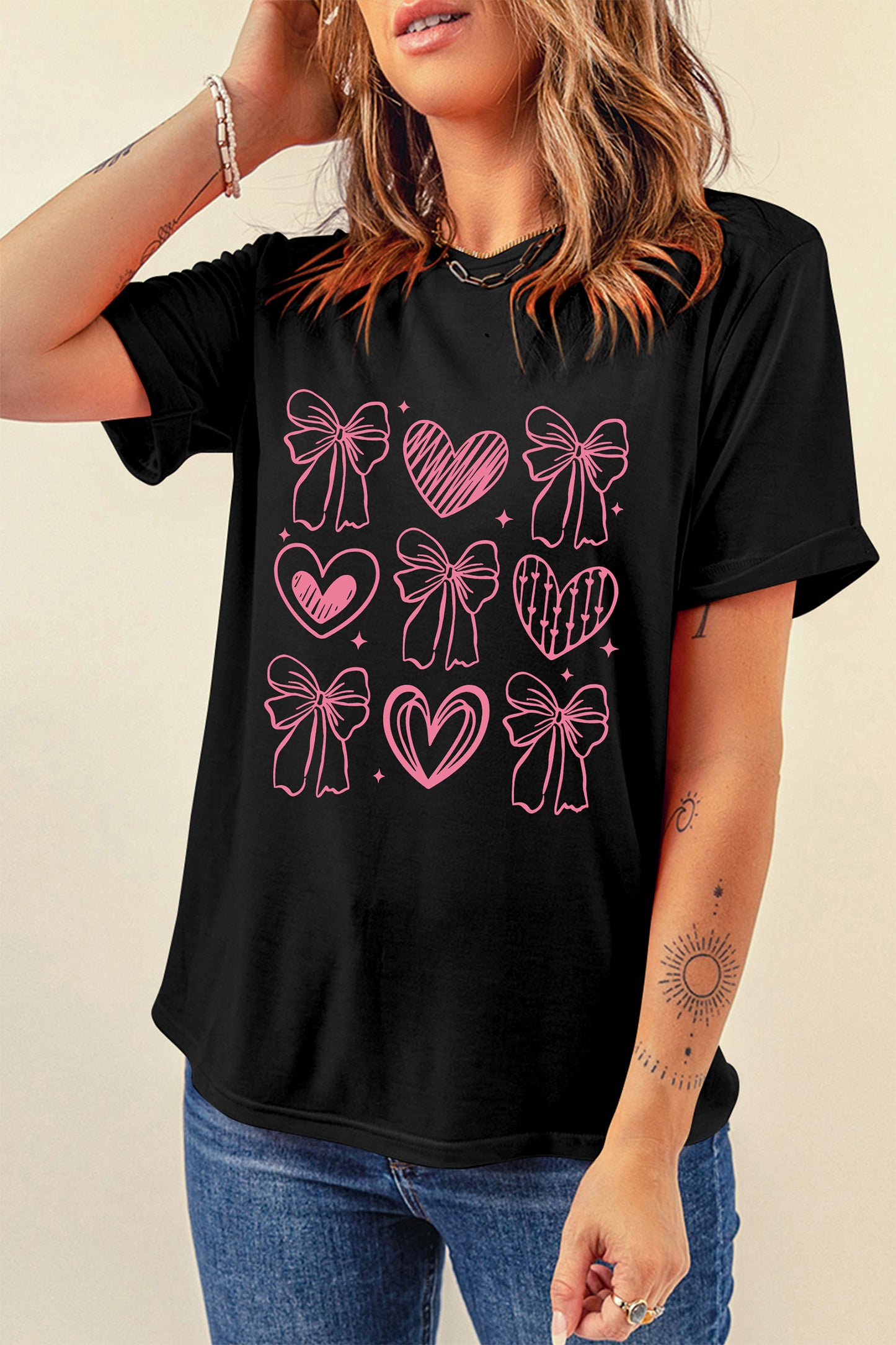 Black Cute Bow Heart Printed Valentines Day T Shirt