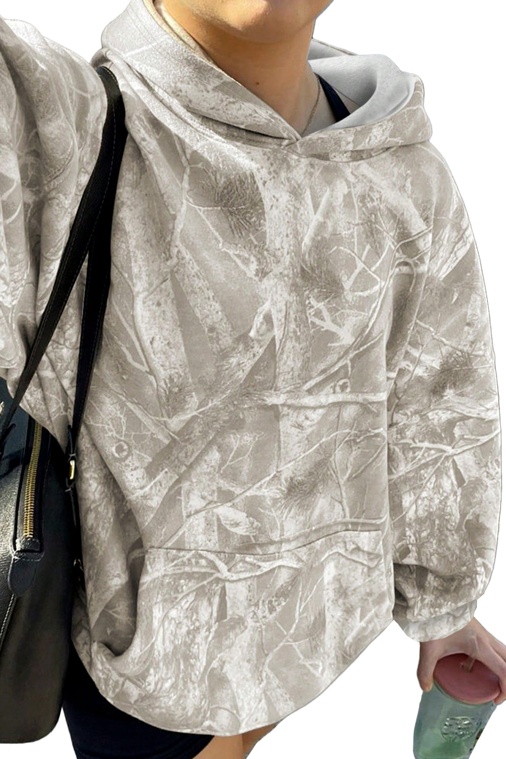 Light Pink Camouflage Plant Print Kangaroo Pocket Oversized Hoodie