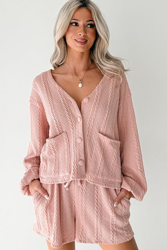 Gossamer Pink Cable Knit V Neck Cardigan Shorts Set