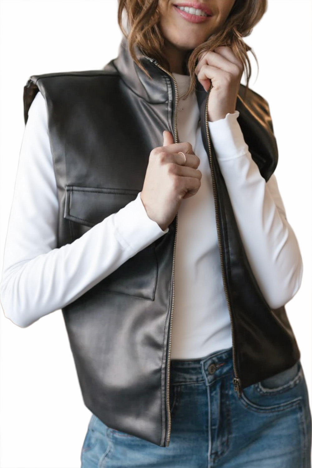 Black Double Flap Pocket Faux Leather Zip Up Stand Neck Vest