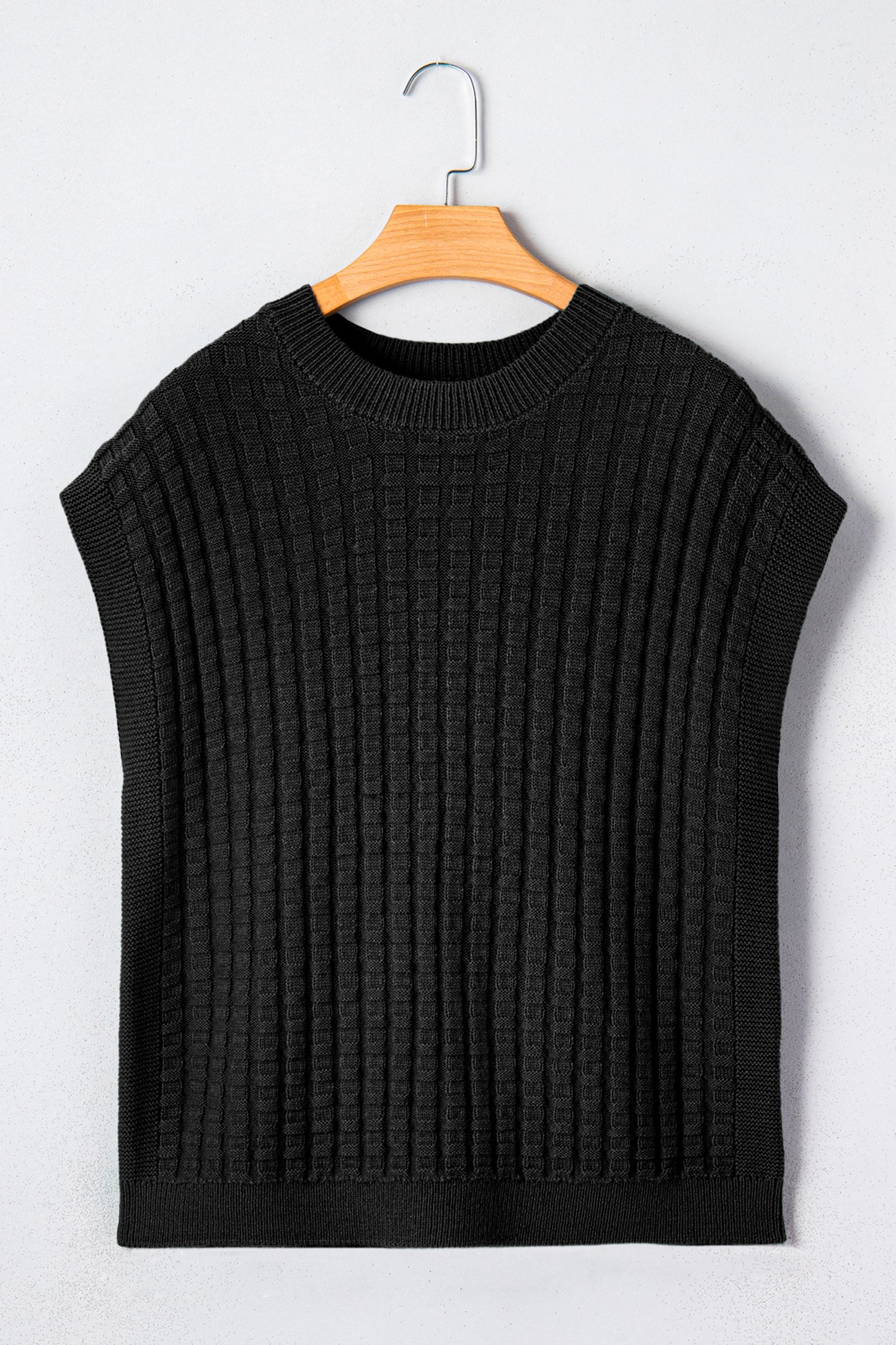 Black Solid Color Round Neck Textured Short Sleeve Sweater