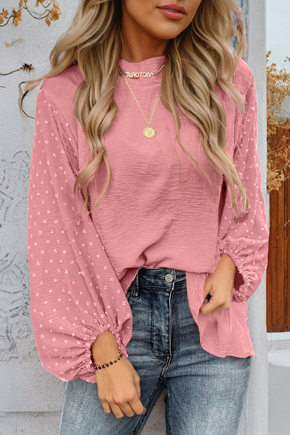 Gossamer Pink Swiss Dot Balloon Sleeve Patchwork Crinkle Blouse