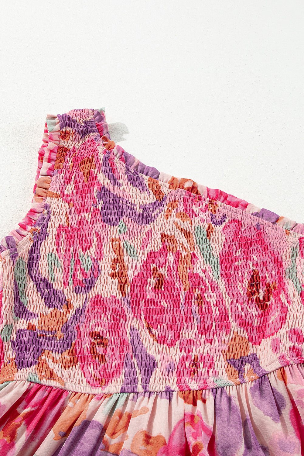 Pink Floral Print Shirred One Shoulder Maxi Dress