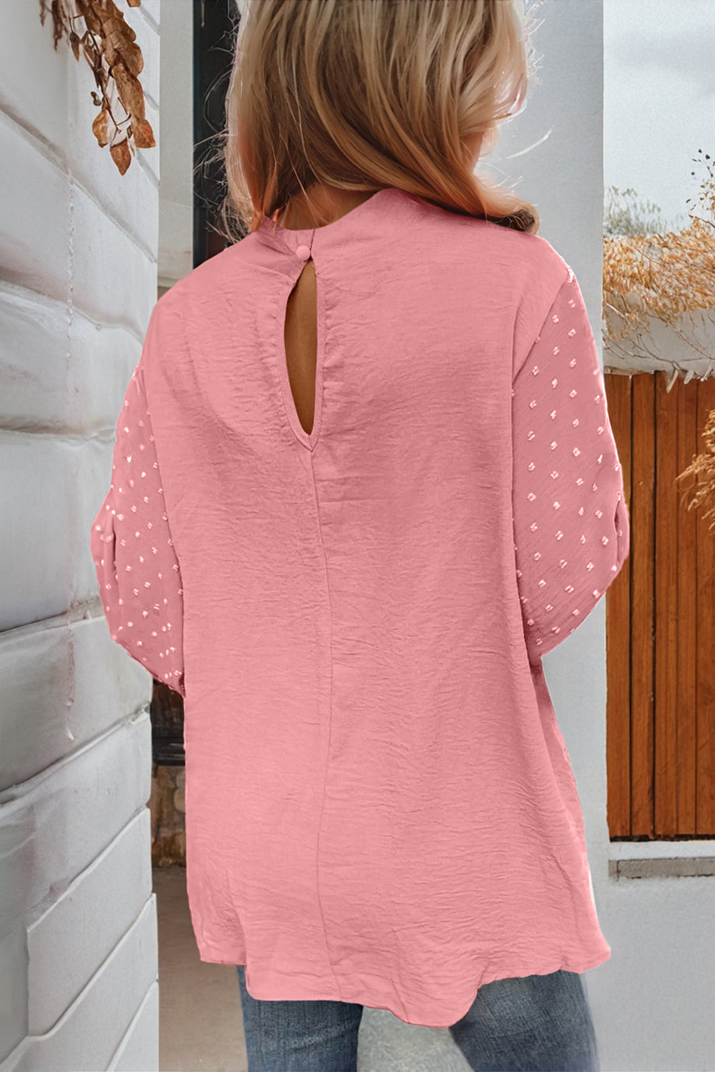 Gossamer Pink Swiss Dot Balloon Sleeve Patchwork Crinkle Blouse