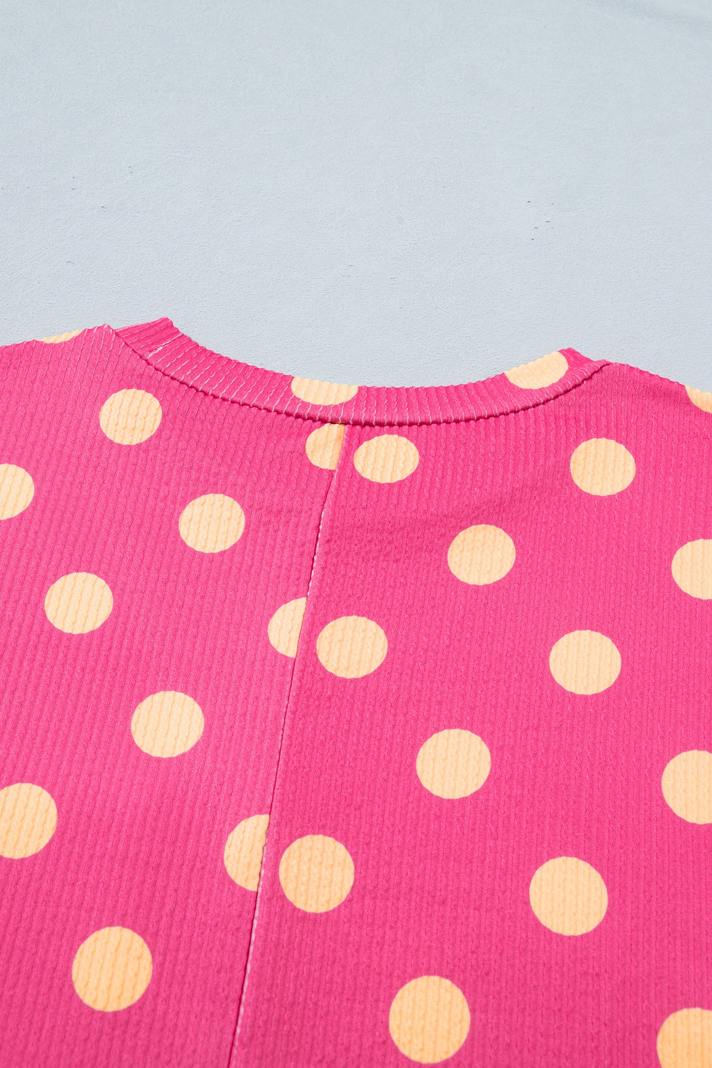 Sky Blue Polka Dot Round Neck Drop Shoulder Patch Pocket Jacquard Texture Top