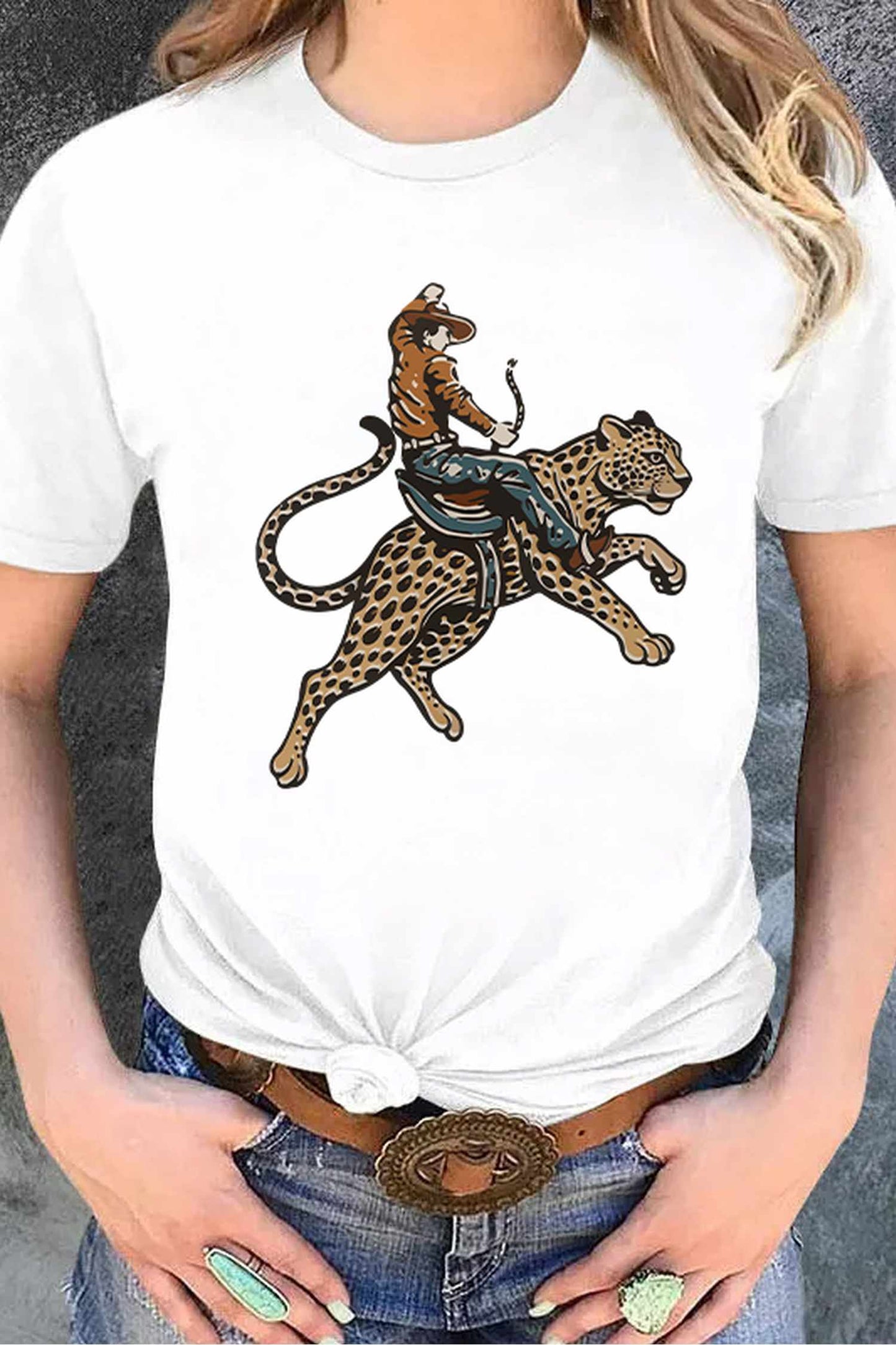White Riding A Cheetah Cowboy Graphic Round Neck Casual Tee