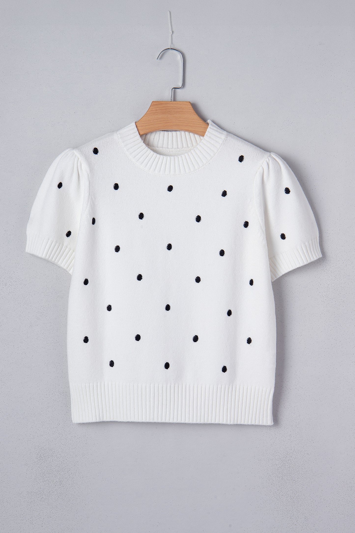 White Elegant Polka Dot Bubble Short Sleeve Sweater
