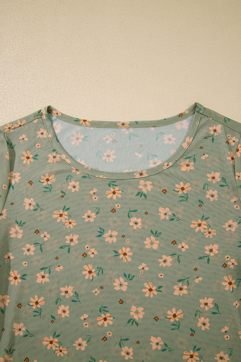 Sky Blue Floral Print Mesh Slim Fit Long Sleeve Top