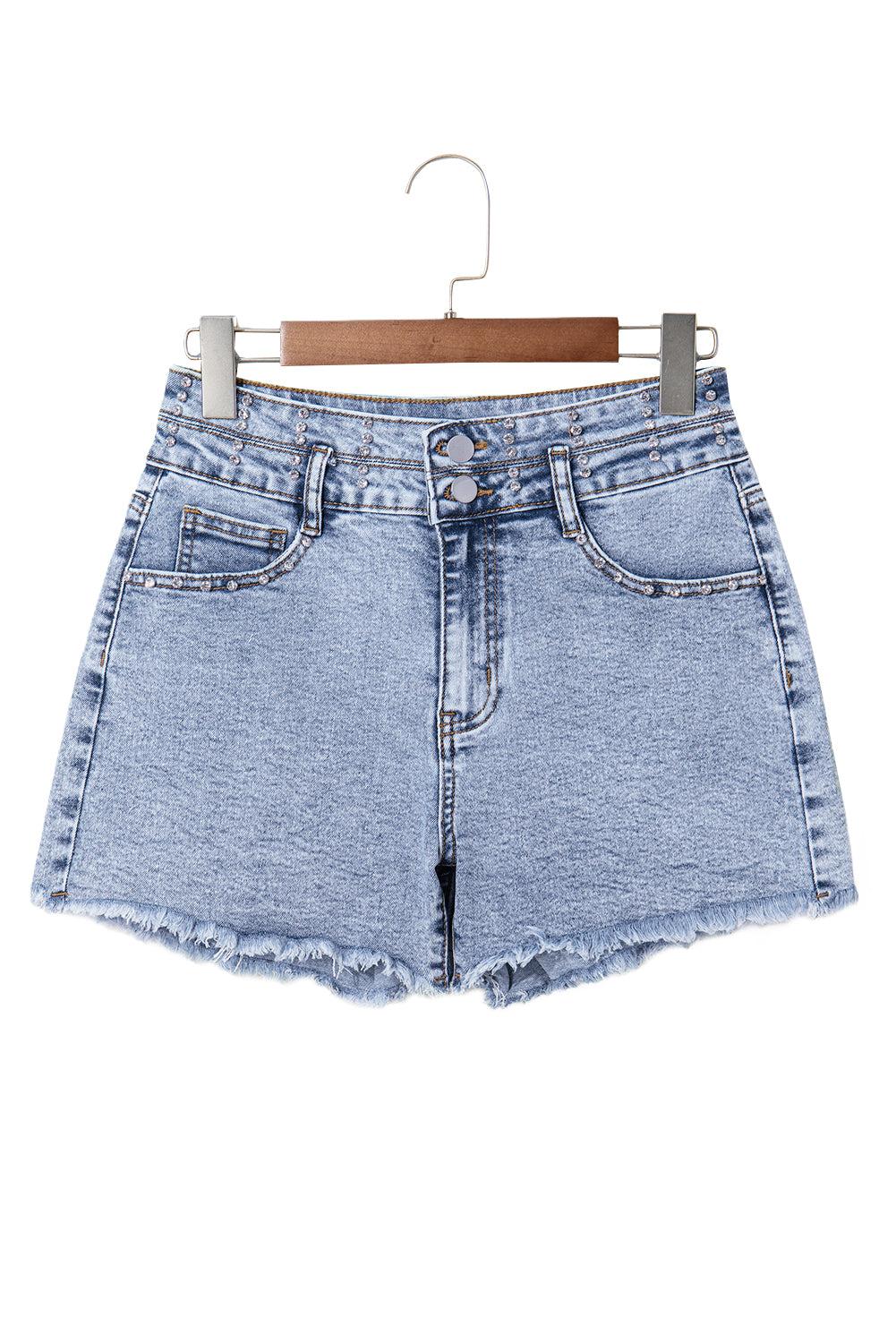 Beau Blue Rhinestone Light Wash Raw Hem High Waist Denim Shorts