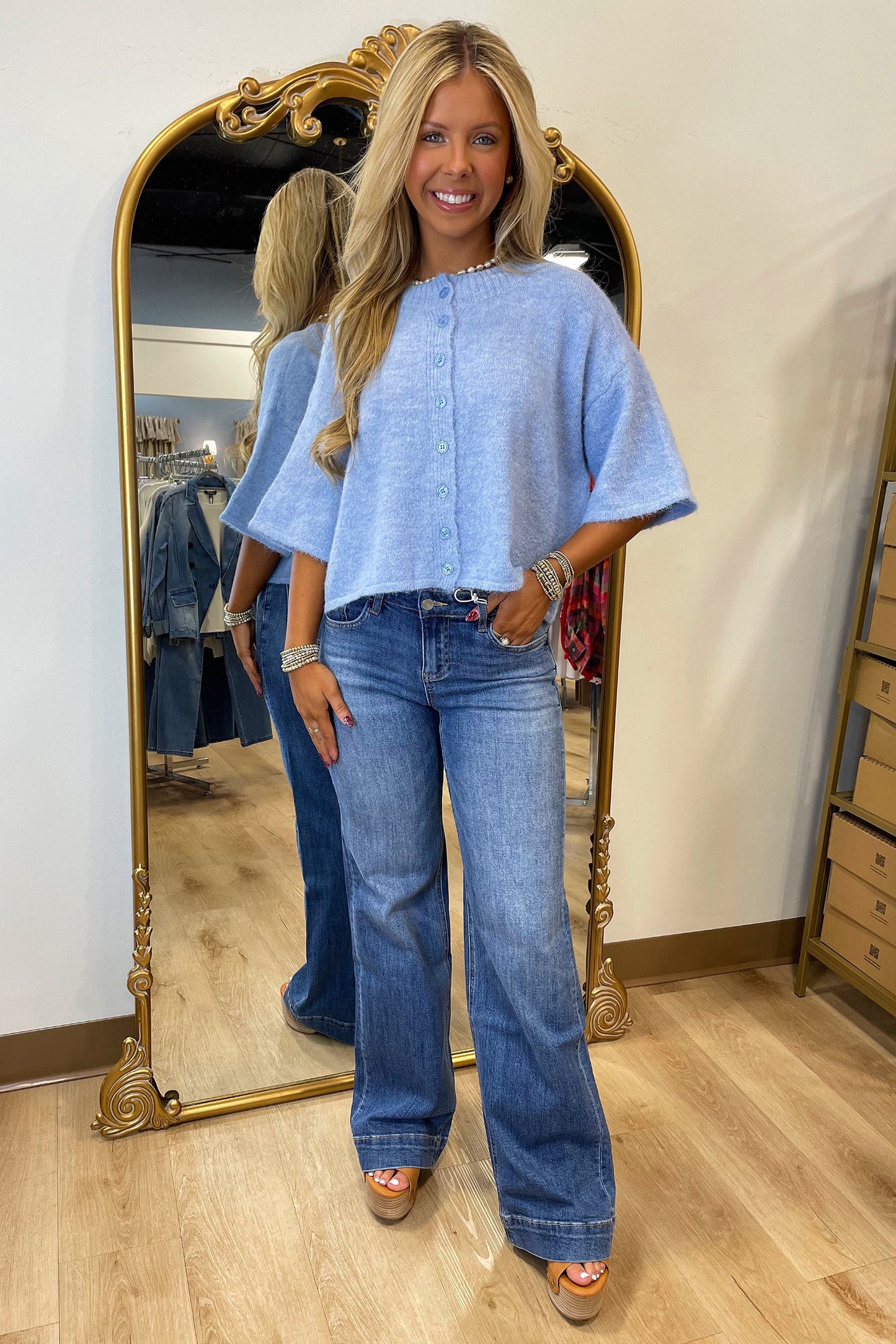 Lavendula 3/4 Sleeve Boxy Knit Button Down Sweater Cardigan