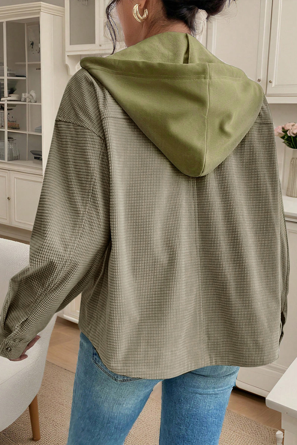 A Laurel Green Solid Color Textured Patchwork Flap Pocket Shacket