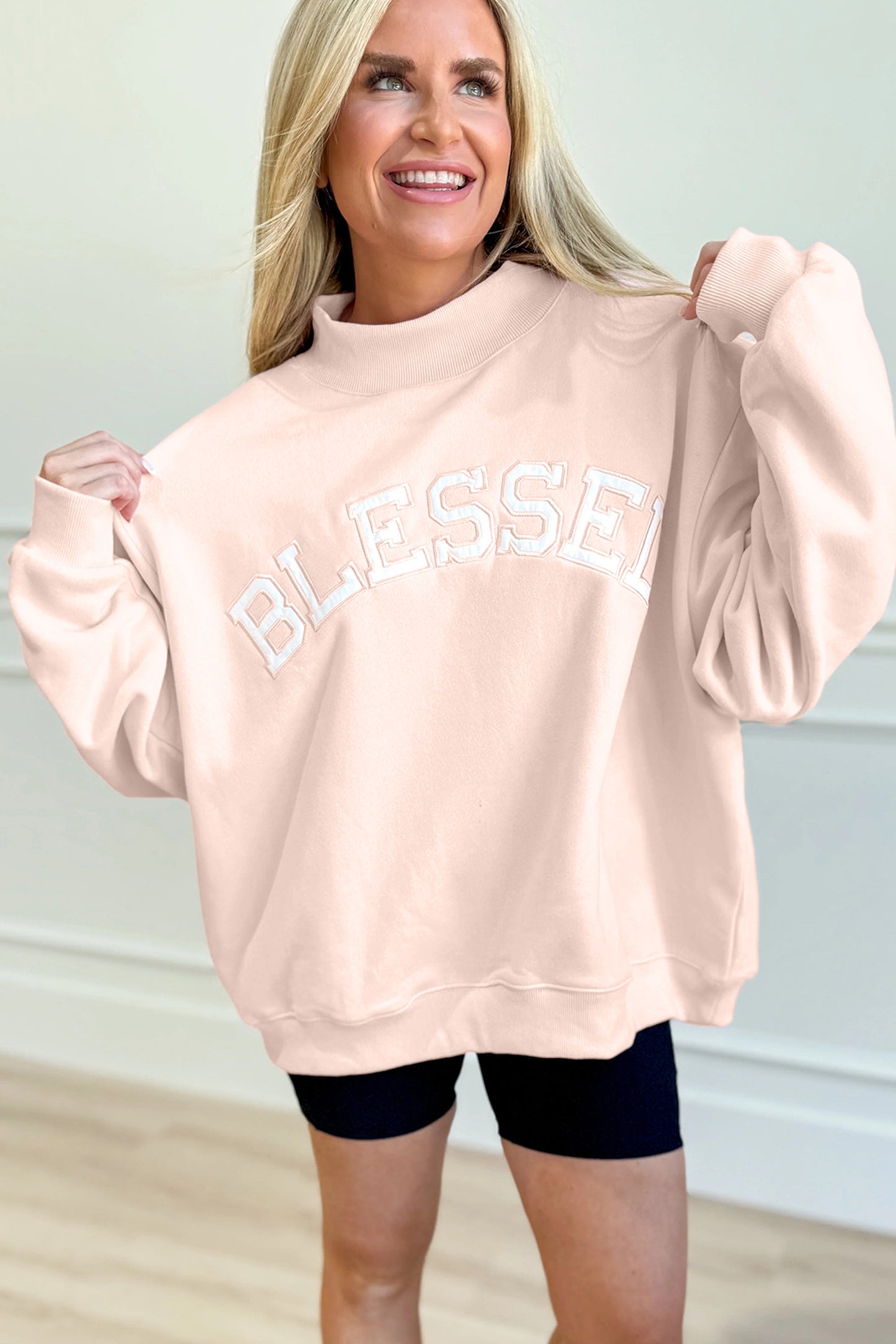 Sea Green Oversize Blessed Embroidered Mock Neck Sweatshirt