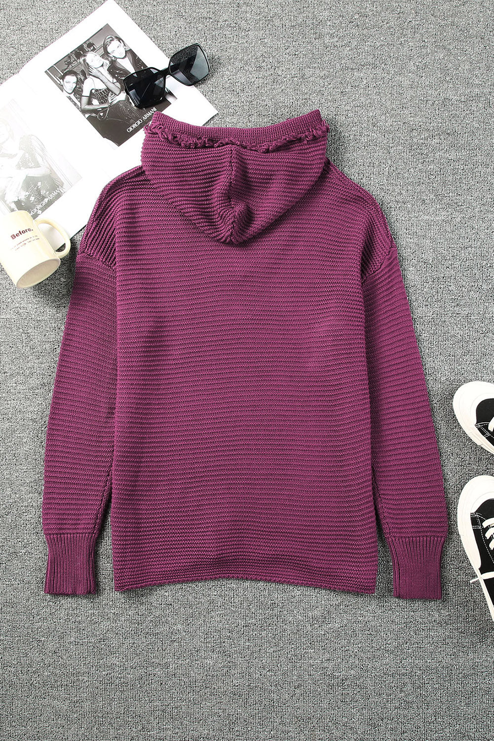 A Purple Split V Neck Pullover Hooded Sweater