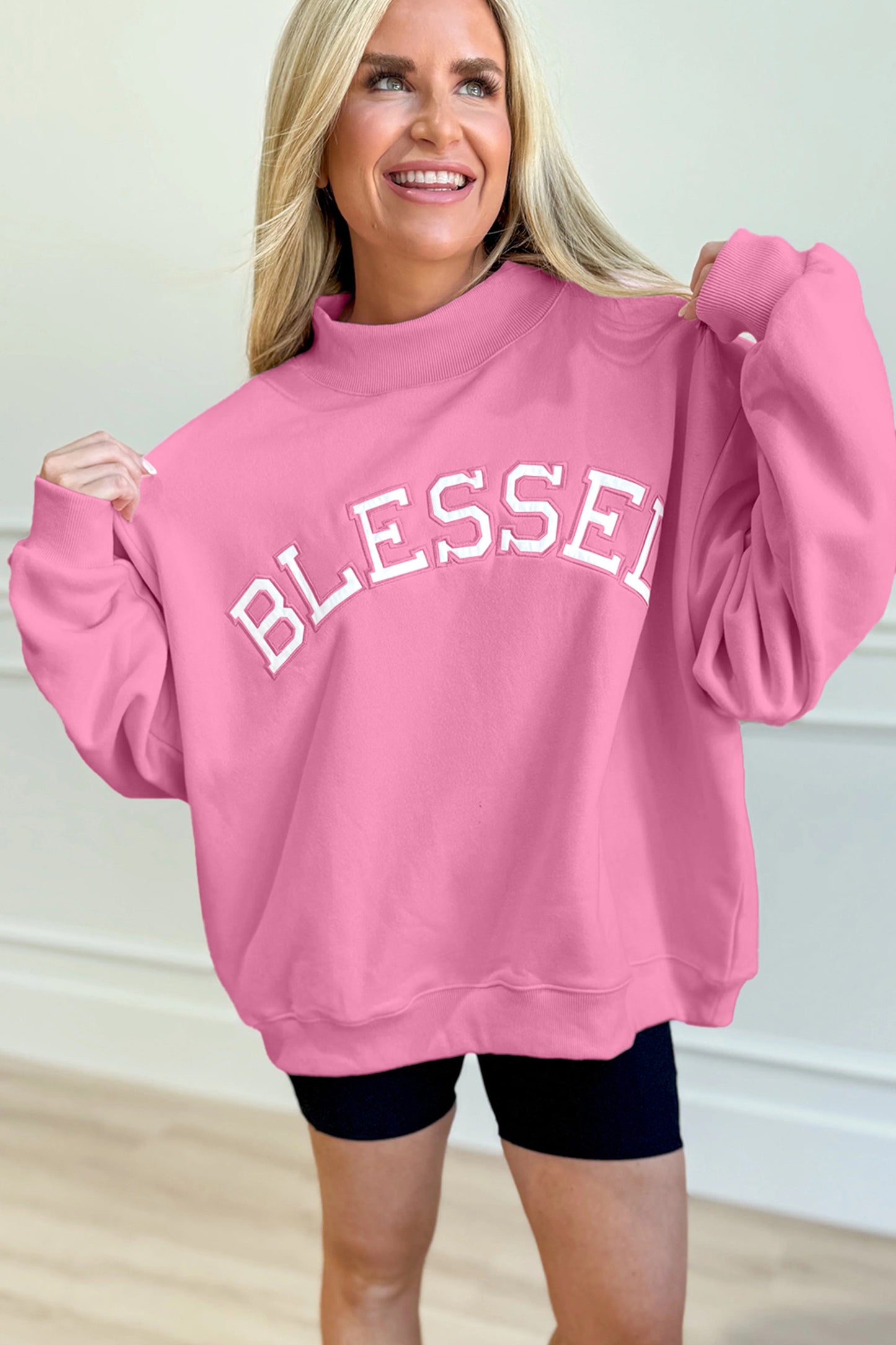 Sea Green Oversize Blessed Embroidered Mock Neck Sweatshirt