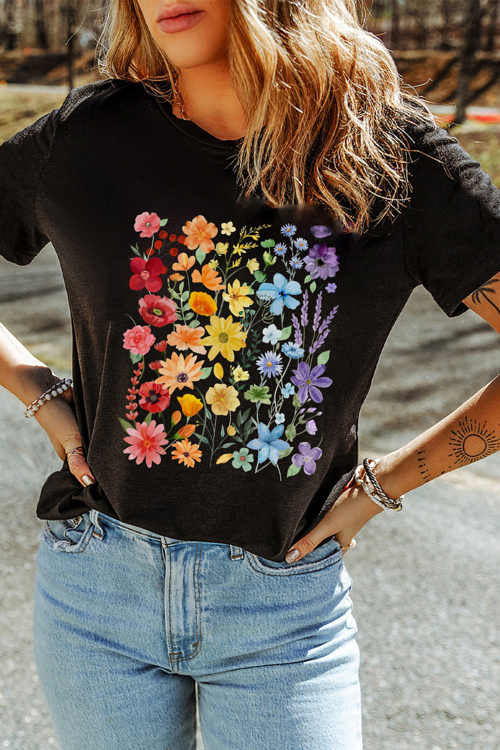 Black Flower Heat Transfer Printing Cotton Blend Casual Tee