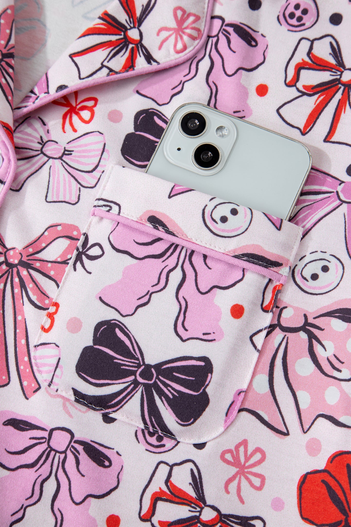Pink Cute Ribbon Bows Printed Shirt Style 2pcs Short Pajama Set