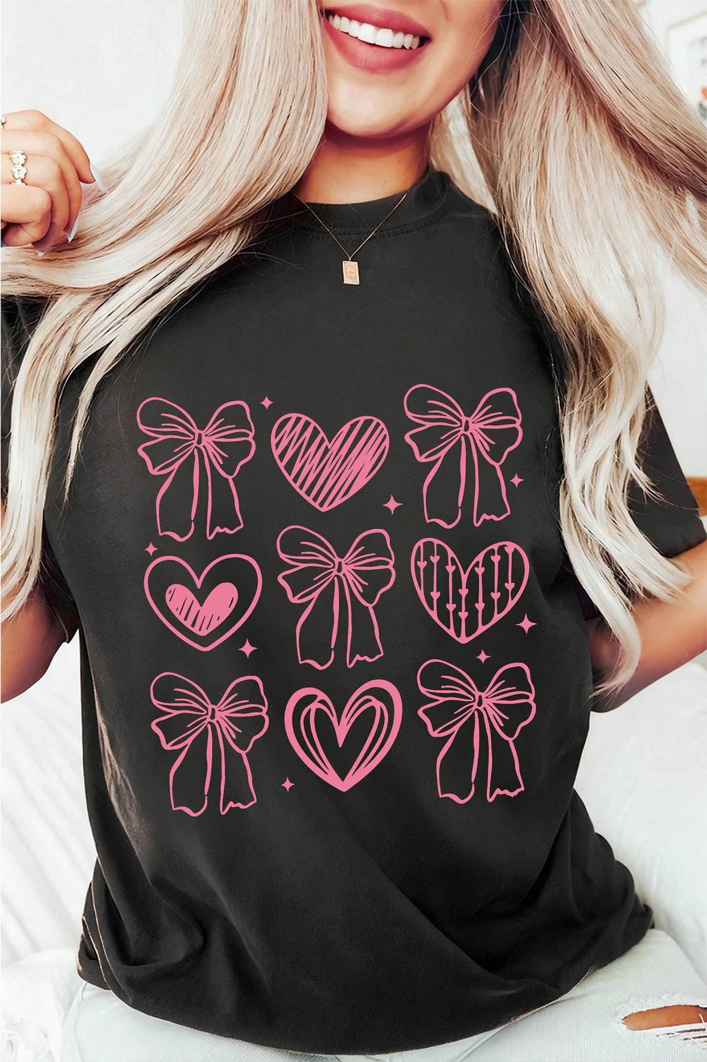 Black Cute Bow Heart Printed Valentines Day T Shirt