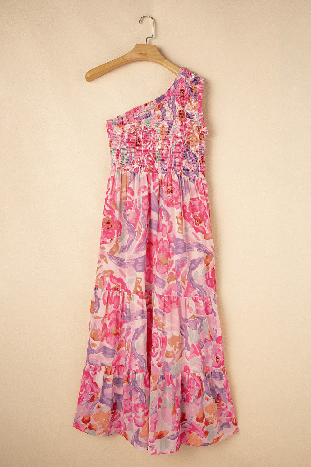 Pink Floral Print Shirred One Shoulder Maxi Dress