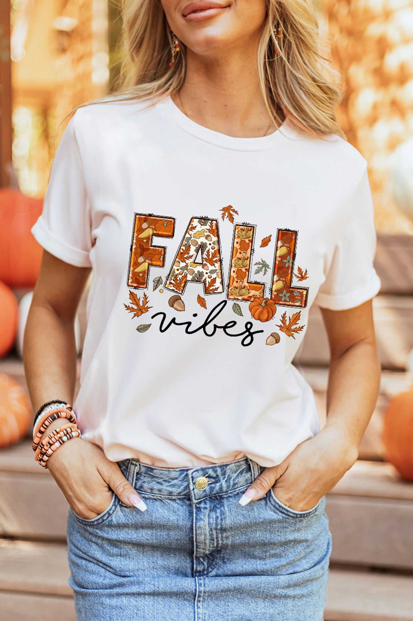 White FALL vibes Stylish Letter Print Round Neck T-Shirt