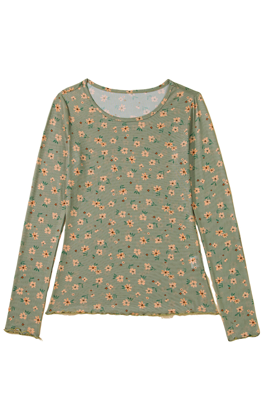 Sky Blue Floral Print Mesh Slim Fit Long Sleeve Top
