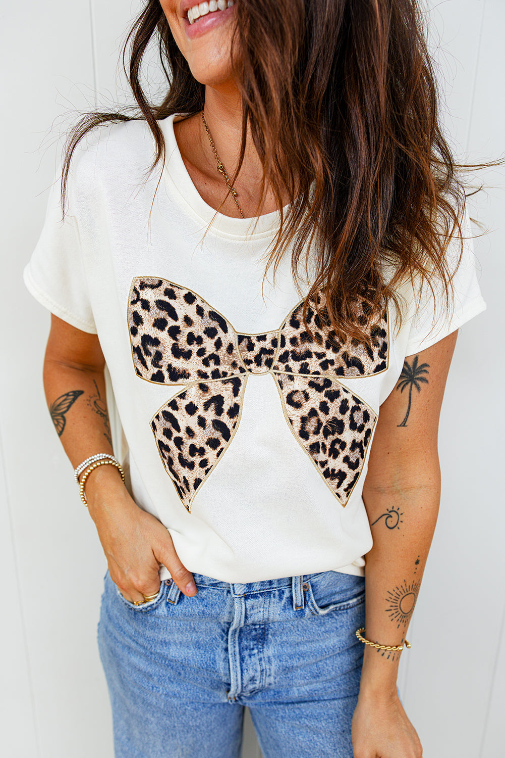 White Leopard Bow Embroidered Cotton Round Neck T Shirt