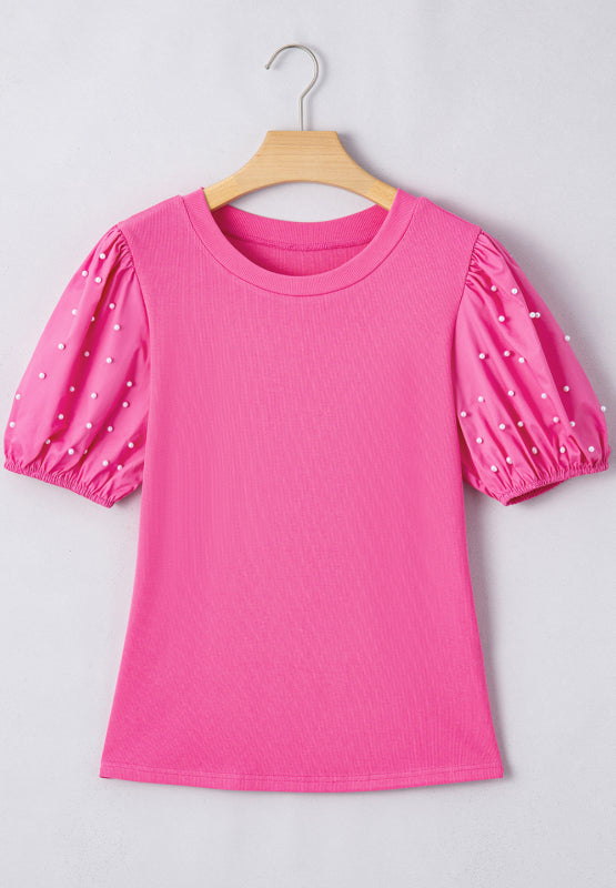 A Pearl Pink Detail Round Neck Puff Sleeve Blouse
