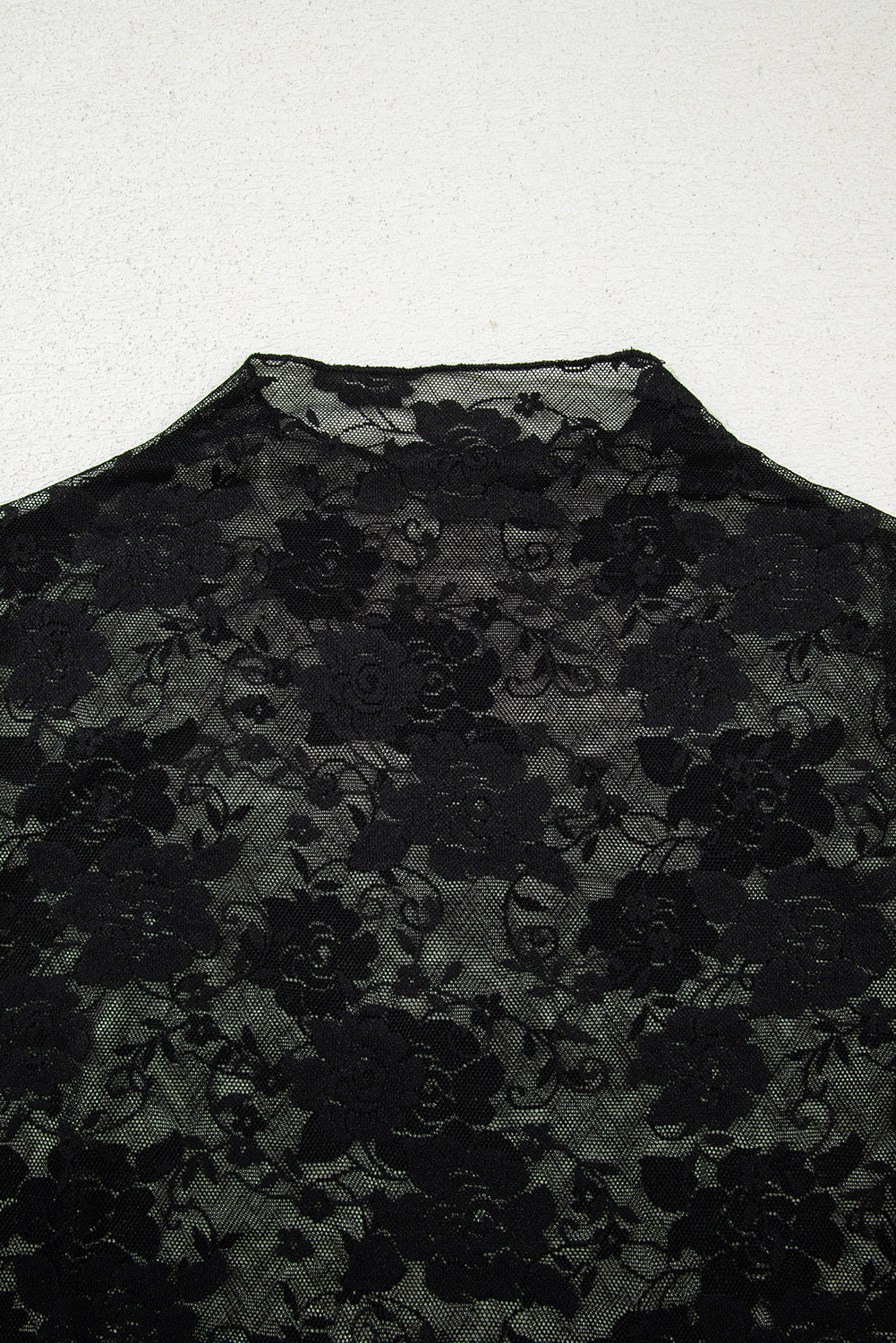 Black Mock Neck Floral Lace Mesh Long Sleeve Top