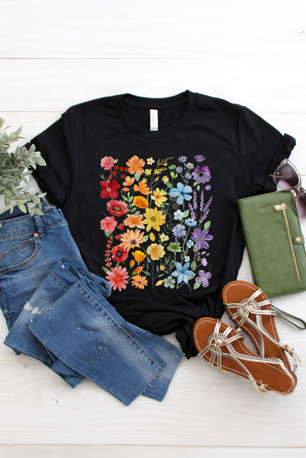 Black Flower Heat Transfer Printing Cotton Blend Casual Tee
