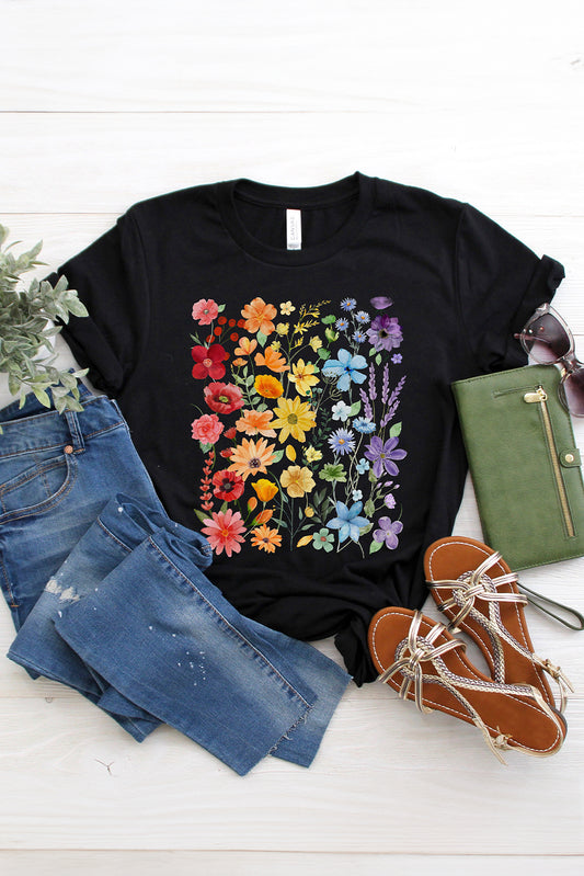 Black Flower Heat Transfer Printing Cotton Blend Casual Tee
