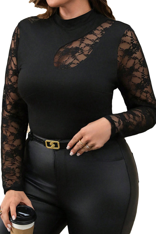 Black Plus Size Lace Patchwork Asymmetric Long Sleeve Top