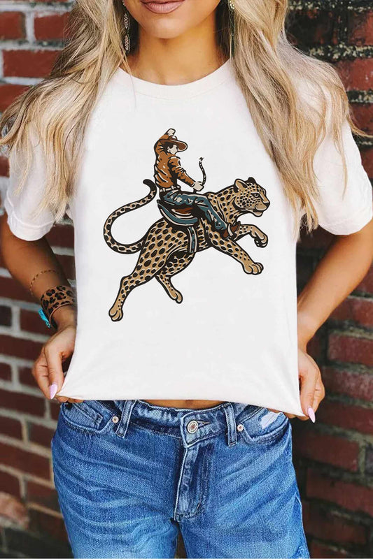 White Riding A Cheetah Cowboy Graphic Round Neck Casual Tee