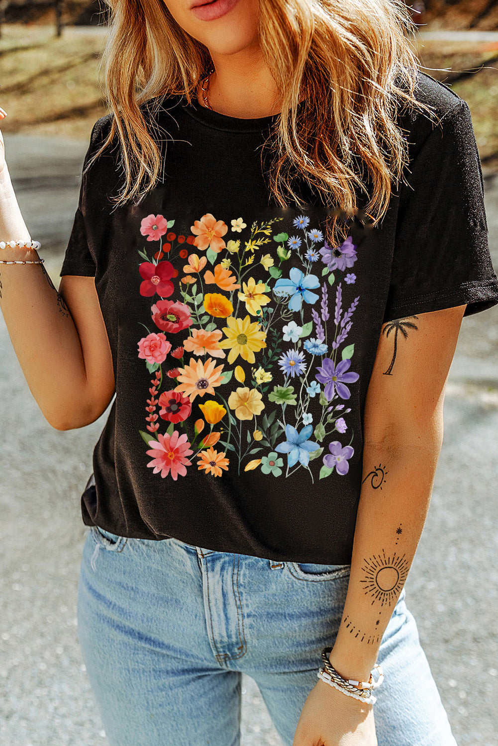 Black Flower Heat Transfer Printing Cotton Blend Casual Tee